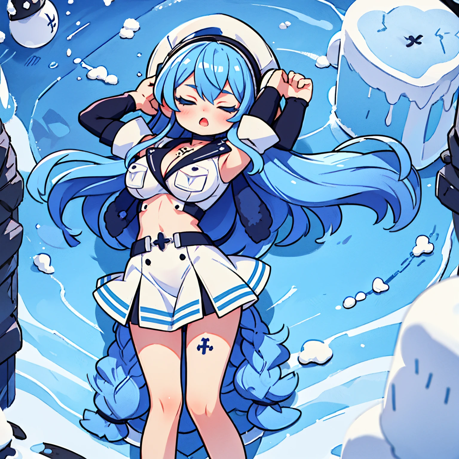 (artwork, best quality) a girl with long blue hair, closed eyes, blue eyelashes, white sailor suit, big breasts, perfect body, beautiful eyes, good waist, tattoo, screaming with joy, arms and legs open, listening to music with a headset, lying in the snow
