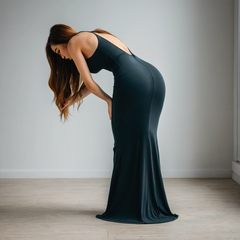 Rear view shot of a young woman bending over in a maxi bodycon dress