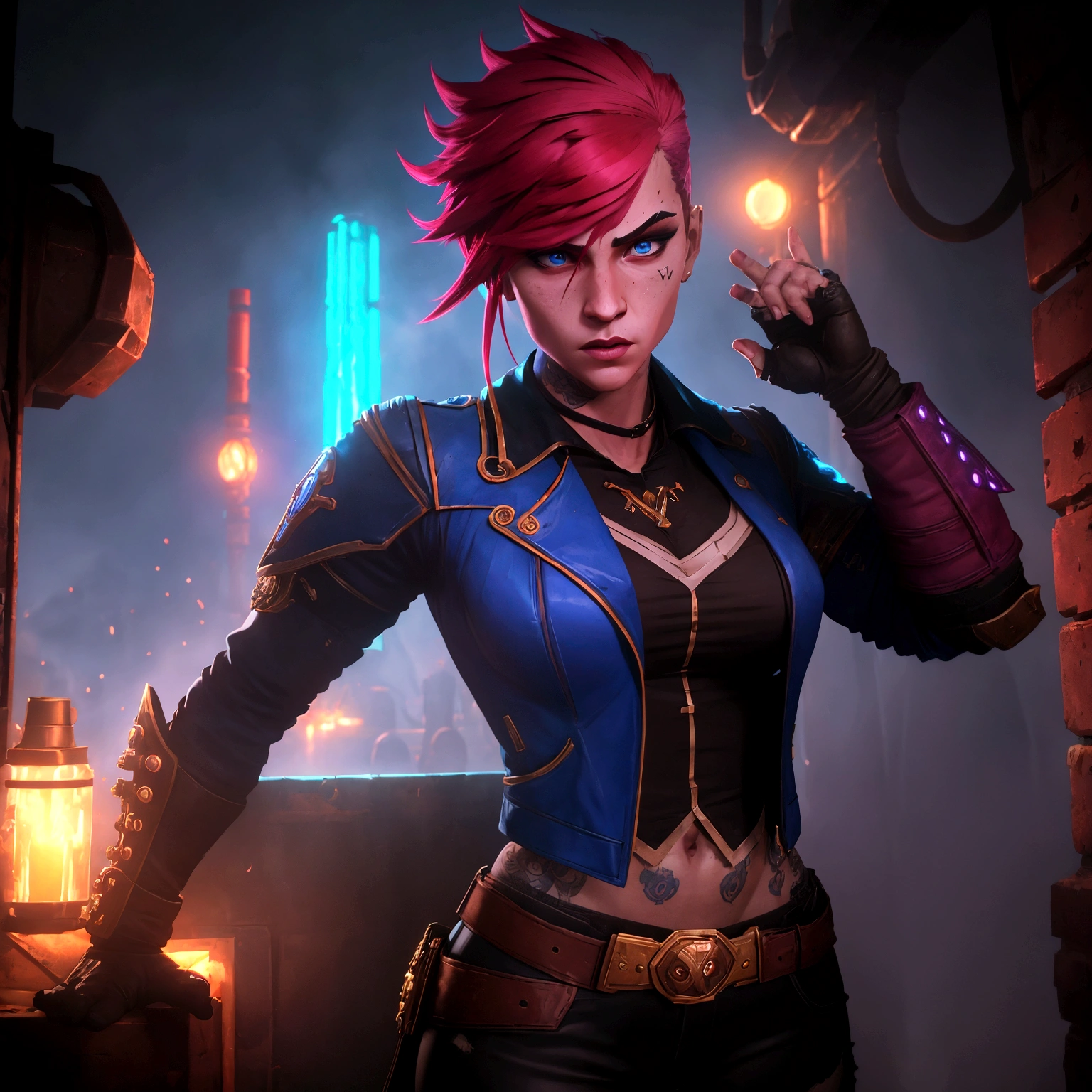 A dynamic pose of Vi from Arcane: League of Legends, with detailed face, wearing her signature blue and yellow jacket, with her gauntlets raised, and a determined expression on her face. She has short pink hair, blue eyes, and a Roman numeral VI tattoo on her cheek. Her attire is punk-inspired, featuring a leather jacket, and she has large mechanical gauntlets. Her physique is athletic and muscular. The background is a dark, gritty alleyway in Zaun, with flickering neon lights and smoke in the air. The scene is lit by a single spotlight, illuminating Vi.