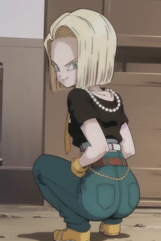 anime coloring, 1 girl, standing alone, sitting down, squatting down, legs spread open, Looking back, It is, photoshot_focusing, (naughty face, seducing smile:1.05), android18_dbz, jewerly, necklase, chemise, aretes, pearl necklase, mitts, waist belt, jeans