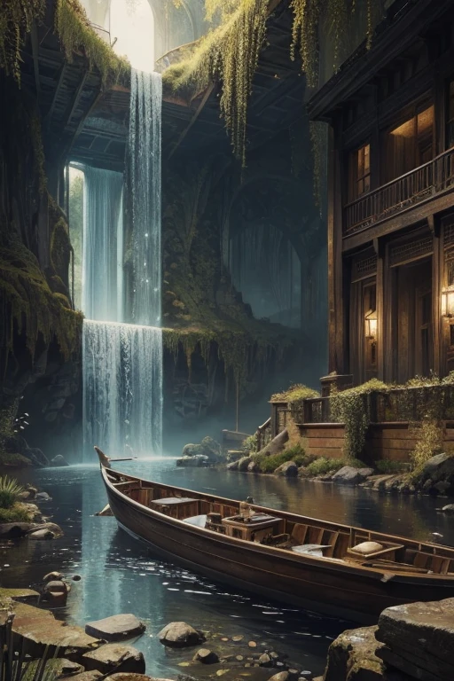 Hyperdetalization, clarity of the drawing. Beautiful figurative art. The work is a combination of clear pencil drawings, watercolors and ink with subtle earthy tones, bluish, slightly tanned, powdery skin and deep black ink. The extremely detailed and intricate masterpiece "The Lost World" was created with clear quality and vivid colors to depict a dramatic and surreal scene. The shabby chic style creates a beautiful look with a very deep metallic shade. 128K resolution captures every detail, a river inspired by the works of Rembrandt and Darek Zabroski, 32K, rich color palette, UHD, SDXL, HDR give feedback Side panels