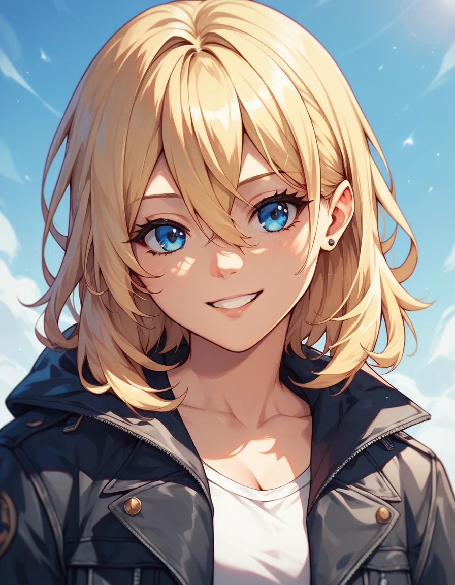 ChristiaAOT, 1girl, solo, christa renz, smile, hair between eyes, blue eyes, blonde hair, jacket, medium hair,