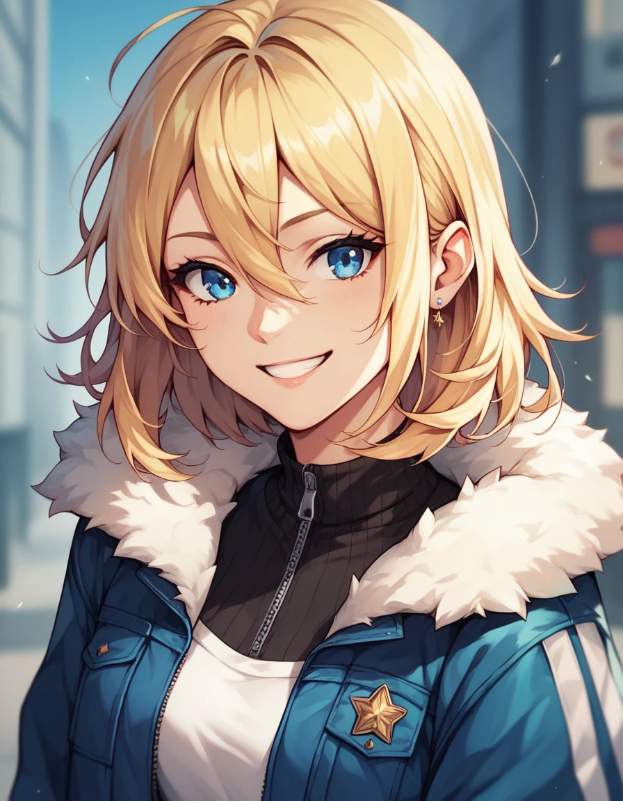 ChristiaAOT, 1girl, solo, christa renz, smile, hair between eyes, blue eyes, blonde hair, jacket, medium hair,