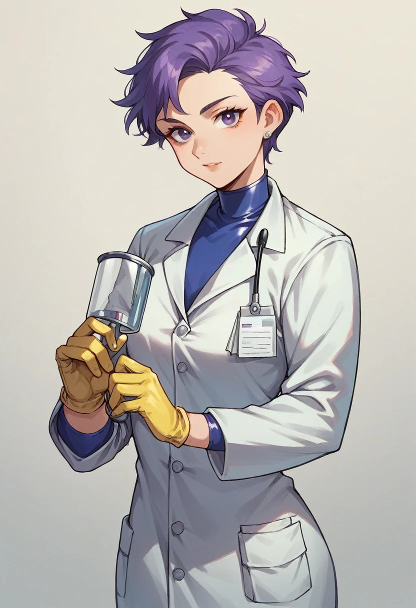 1girl, ((yellow gloves)), ((surgical gloves)), ((latex gloves)), ((long sleeves)) ((purple surgeon outfit)), looking at viewer, ((doctor)), standing, solo