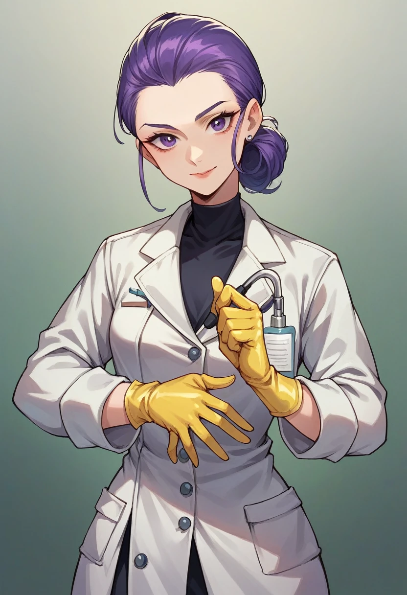 1girl, ((yellow gloves)), ((surgical gloves)), ((latex gloves)), ((long sleeves)) ((purple surgeon outfit)), looking at viewer, ((doctor)), standing, solo