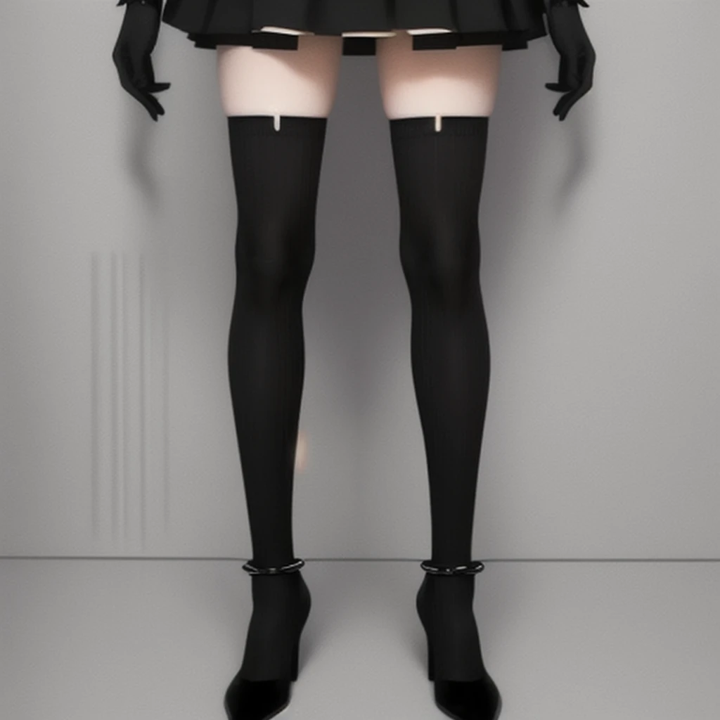 there is a woman in a short skirt and black stockings, thighhighs and skirt, thigh highs, stockings, inspired by Ray Caesar, thigh high socks, wearing skirt and high socks, overknee socks, tights, tights, anime barbie in white stockings, tights skin, velvet stockings, long thin legs, detailed legs looming over you, by Ray Caesar, wearing stockings