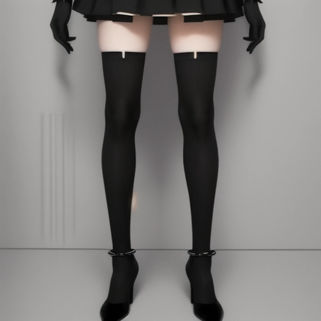 there is a woman in a short skirt and black stockings, thighhighs and skirt, thigh highs, stockings, inspired by Ray Caesar, thigh high socks, wearing skirt and high socks, overknee socks, tights, tights, anime barbie in white stockings, tights skin, velvet stockings, long thin legs, detailed legs looming over you, by Ray Caesar, wearing stockings