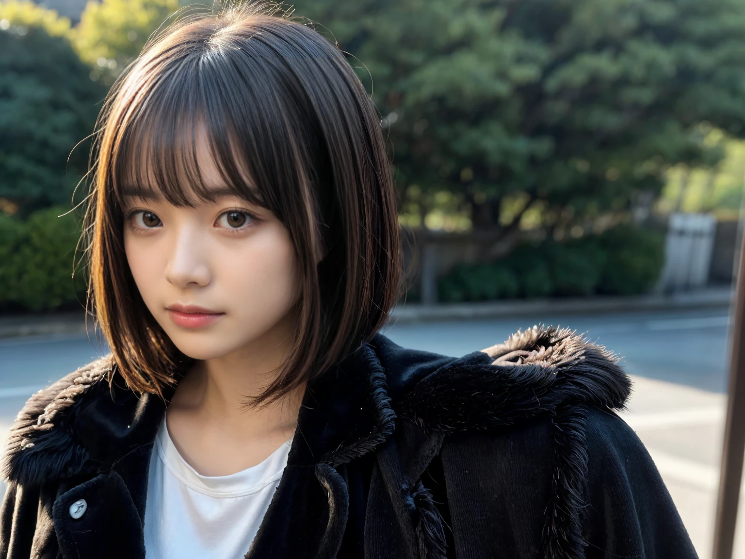 With bangs,Beautiful black hair,Woman with straight medium bob cut,huge breasts,,21-year-old female,(((No hat))),Aspacarina,((Shy expression)), large breasts, expresses the roundness and softness of your chest, Don't expose it,Very beautiful eyes, ,(((Wearing a tattered black coat))),,(make:1.4),Big eyes,Hip Hop Dancer,Gangster style long pants,8k,High resolution,Gangster style,(head shot:1.5)