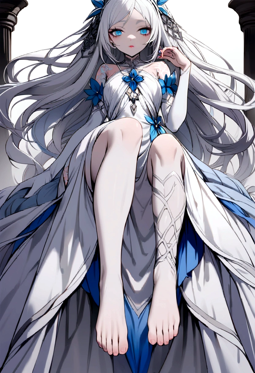 an corrupeted waterfall nymph her skin is gray pale,  long white hair, blue eyes and pink lips. her dress is blue in the upper part and white on the bottom part. her feet is not visible.