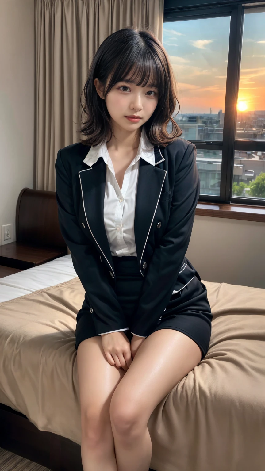 masterpiece, best quality, illustration, Super detailed, fine details, High resolution, 8K,wall paper, perfect dynamic composition,(Details High quality, realistic depiction of eyes:1.3), short hair, (wavy hair:1.2), Office Lady, ,Suit,Collared shirt, Black Suit,Black jacket, huge breasts, expresses the roundness and softness of your chest, Don't expose it, black hair color, Big Natural Color Lip, bold sexy pose, crying a little、Harajuku style、20 year old girl、cute type、lolita、beautiful legs, hotel room, full body photo、focus on crotch, hposing Gravure Idol, Sexy shot looking at camera, Sunset, by the window, Summer, make up, Curve