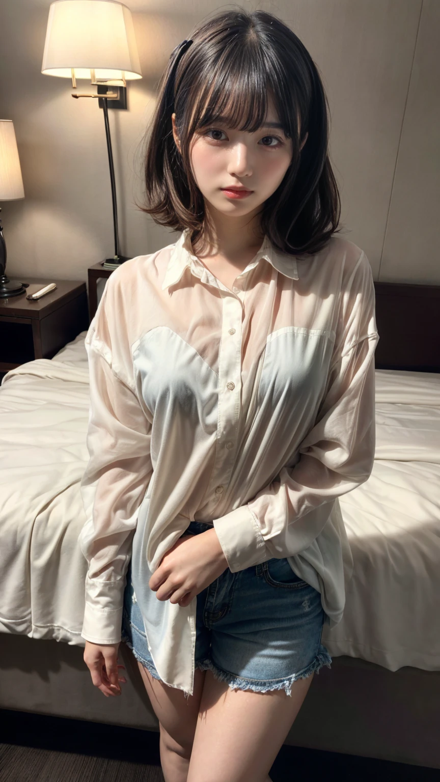 masterpiece, best quality, illustration, Super detailed, fine details, High resolution, 8K,wall paper, perfect dynamic composition,(Details High quality, realistic depiction of eyes:1.3), standing, short hair, (wavy hair:1.2), (Oversized_Shirt:1.2)、Oversized_Shirt, Layered Cut, black hair color, Big Natural Color Lip, hotel room, crying a little、cold gaze, Harajuku style、20 year old girl、cute type、lolita, Gravure Idol, full body photo、focus on crotch, huge breasts