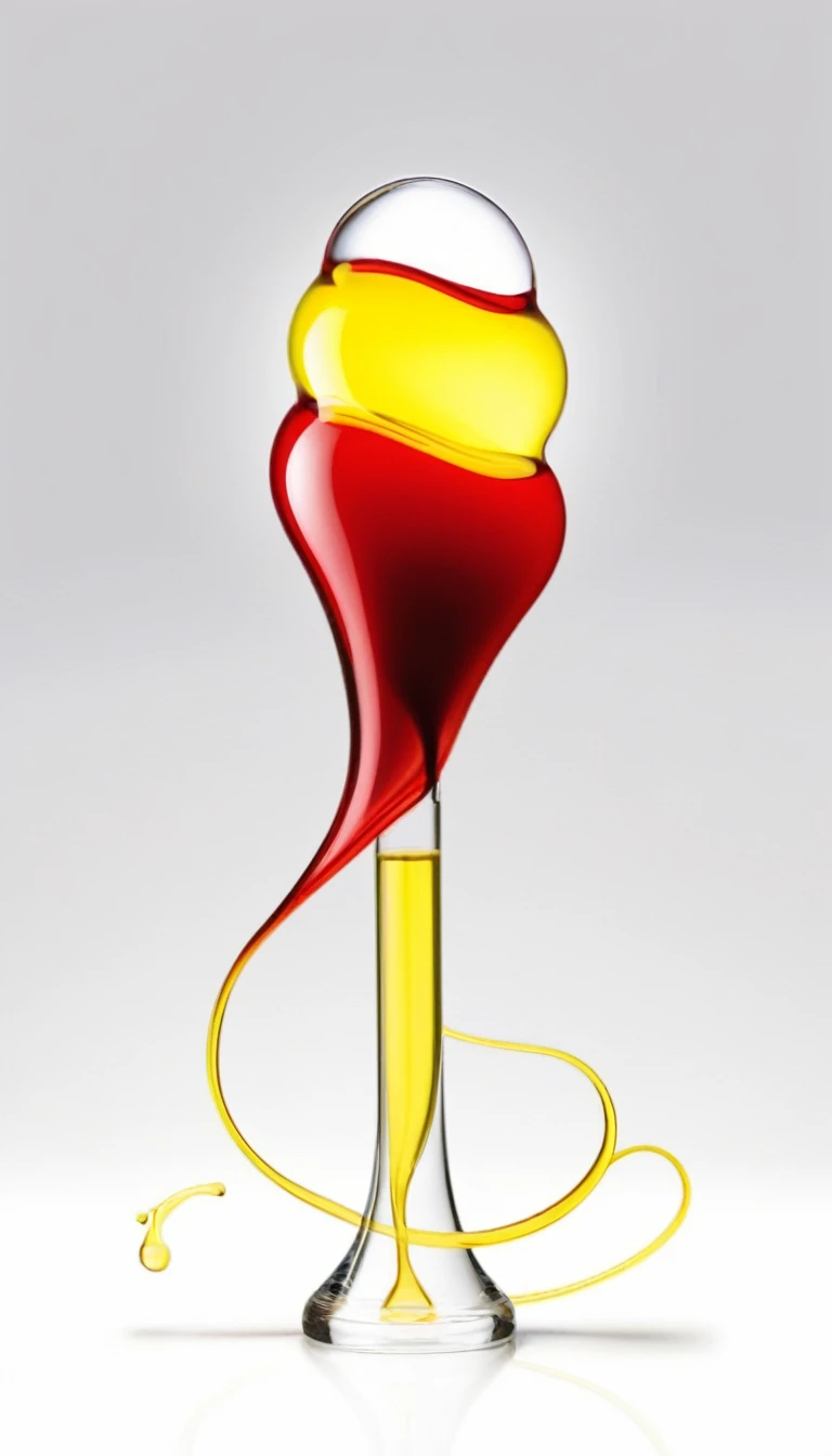 bulb shaped thick liquids in red and yellow intertwined is spiral two turns and a long tail