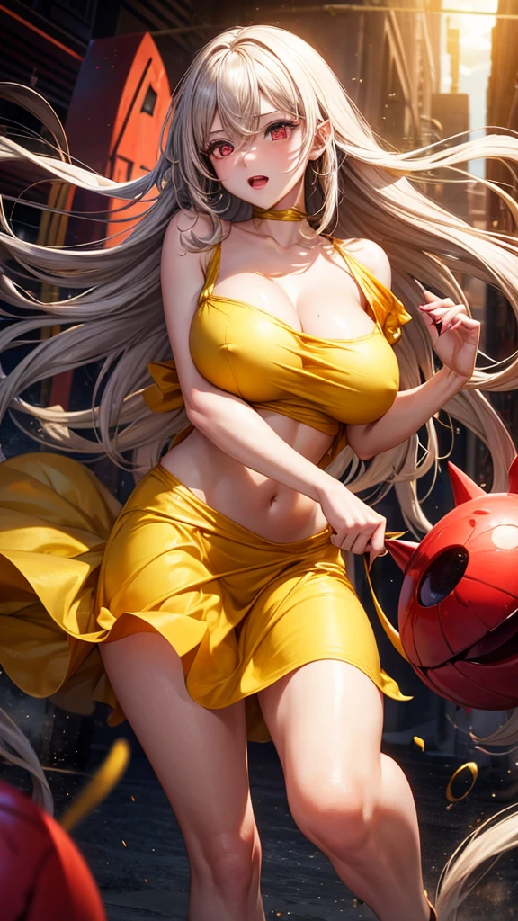best quality, 1girl, red eyes, (huge breasts), hyper realistic, (meidusha), yellow dress