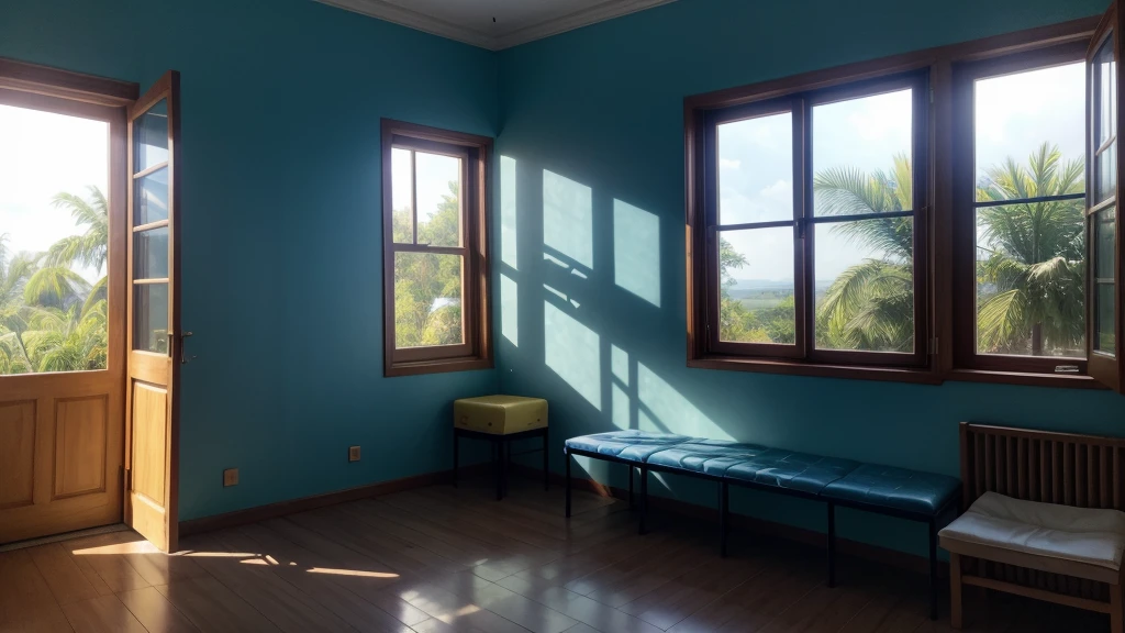 [Violet rays of light, dark blue, light blue, Unripe, yellow, LARANJA E VERMELHO, entering the window and illuminating the room [focusing]]