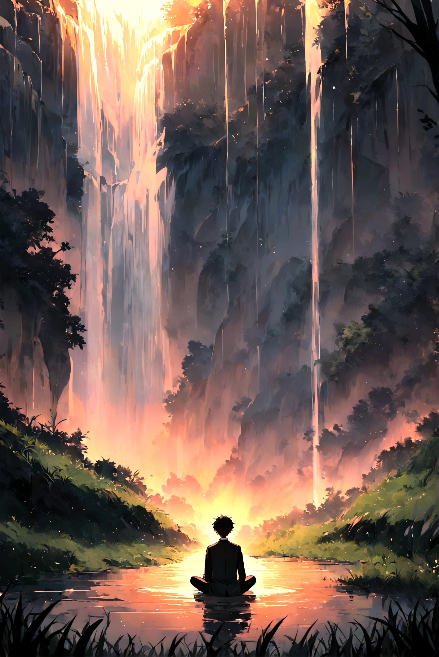 A sad boy sitting alone in sunset in wide area covered with grass , in sideways a waterfall, in up crow group, professional style, extra detailed, anime style , high resolution, extra quality,HD clarity 