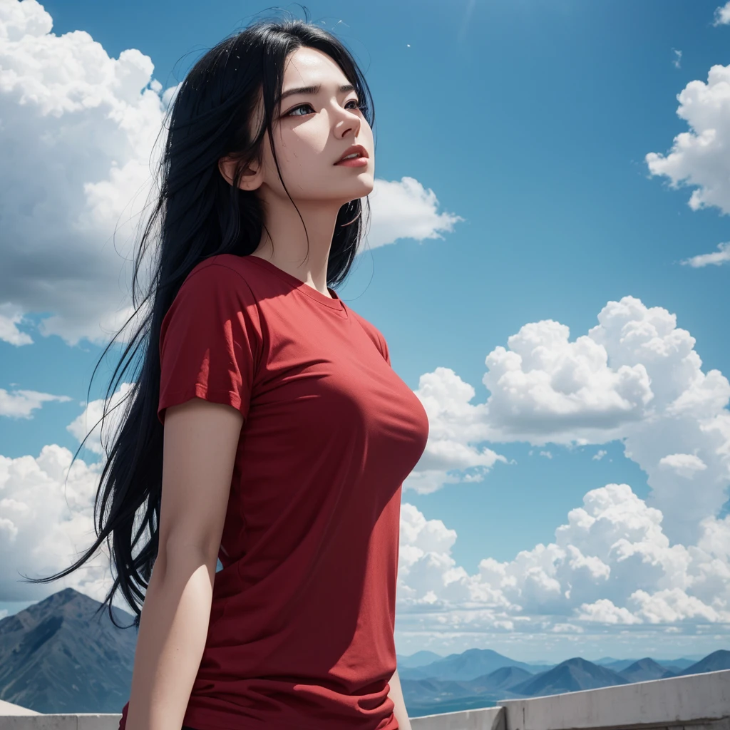 Wide shot a image depicts a women seen from lower and sweating, she looking to lower, wearing a red t-shirt and white hair tie. Their black hair is styled in a long hair. The background shows a blue sky with clouds, hyperrealistic, masterpiece, 8k.
