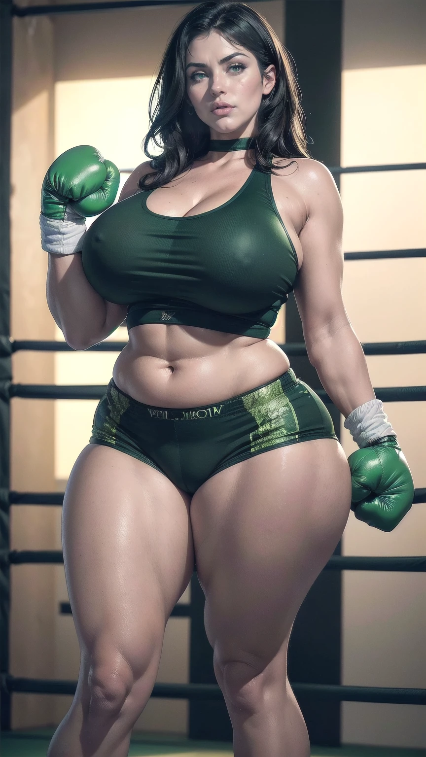 Stunning and gorgeous curvy thicc mature woman, sexy, ((large firm breasts)), (green eyes), (8k, RAW photo, best quality, masterpiece:1.2),ultra-detailed, (high detailed skin:1.2), 8k uhd, dslr, soft lighting, high quality, jet-black hair, ((boxing shorts)), ((boxing gloves)), ((thicc, thick thighs)), ((strong legs)),