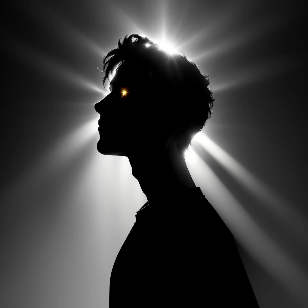 arafed silhouette of a man with a sunbeam in the background, face is brightly lit, backlit face, spotlight in middle of face, lights beaming out of eyes, silhouette of man, silhouette of a man, glowing halo above his head, backlit portrait, sunburst behind woman, sun behind him, face illuminated, light over boy
