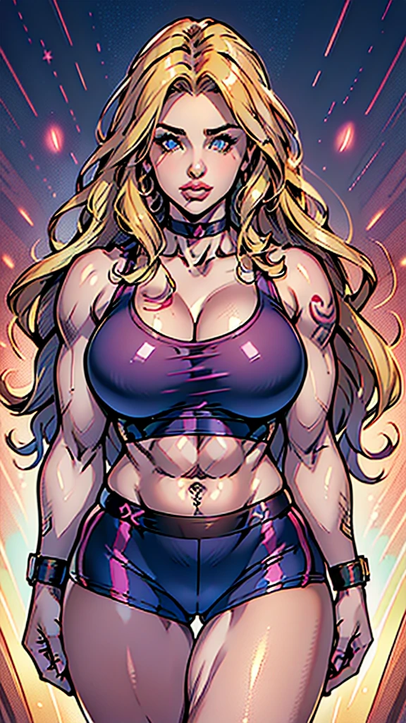 (beautiful detailed photo), (high quality image), (((confident woman))), (((gorgeous face))), (((full plump lips))), (((beautiful eyes))), long curly blonde hair, (((huge muscles))), (((big breast))), (((broad wide shoulders))), (((huge broad muscular shoulders))), (((thin skinny thighs))), (((tattoo on arm))), ((sexy sports bra)), ((sexy spandex shorts)), (choker), (((sexy pose)))