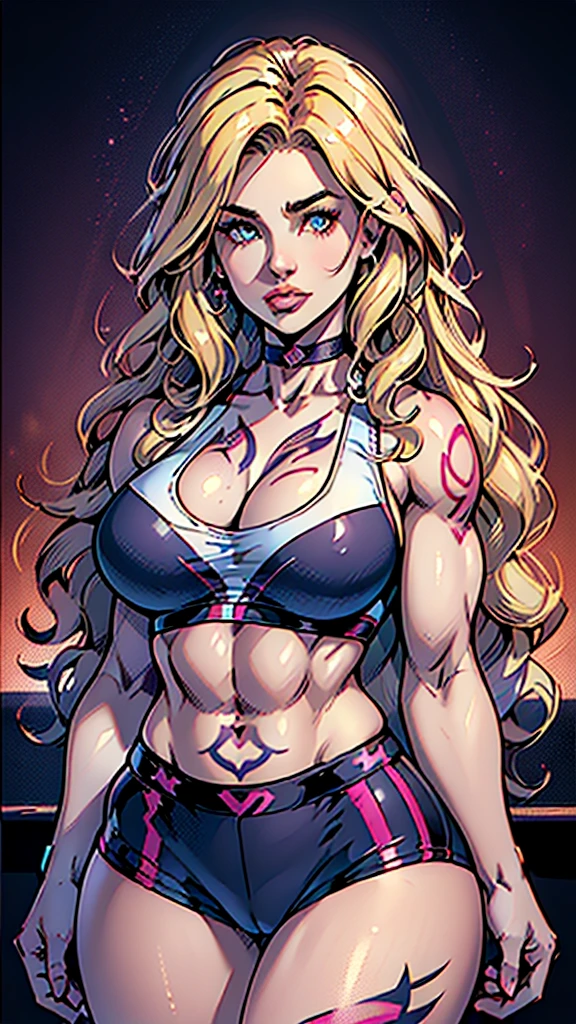 (beautiful detailed photo), (high quality image), (((confident woman))), (((gorgeous face))), (((full plump lips))), (((beautiful eyes))), long curly blonde hair, (((huge muscles))), (((big breast))), (((broad wide shoulders))), (((huge broad muscular shoulders))), (((thin skinny thighs))), (((tattoo on arm))), ((sexy sports bra)), ((sexy spandex shorts)), (choker), (((sexy pose)))