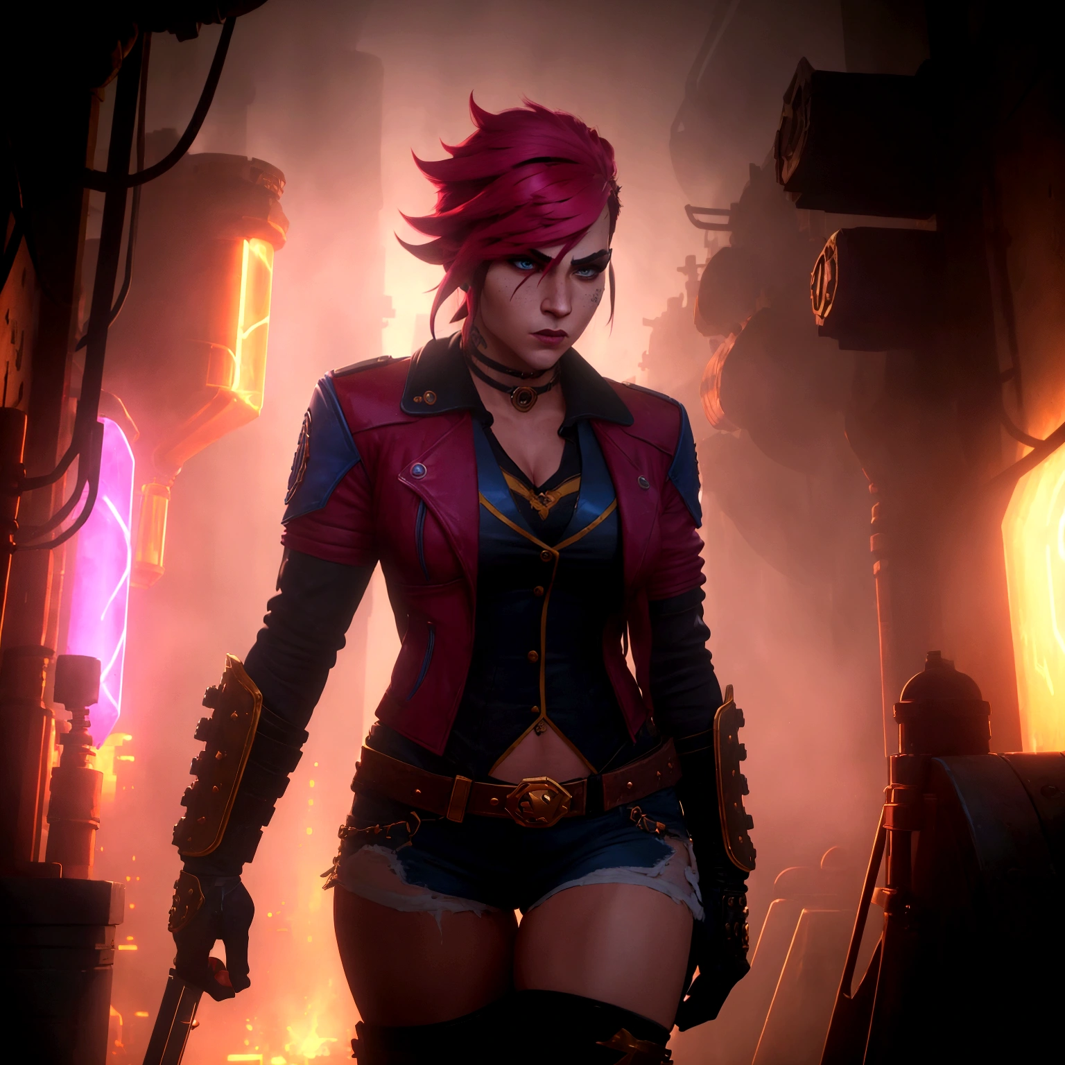 A dynamic pose of Vi from Arcane: League of Legends, with detailed face, wearing her signature blue and yellow jacket, with her gauntlets raised, and a determined expression on her face. She has short pink hair, blue eyes, and a Roman numeral VI tattoo on her cheek. Her attire is punk-inspired, featuring a leather jacket, and she has large mechanical gauntlets. Her physique is athletic and muscular. The background is a dark, gritty alleyway in Zaun, with flickering neon lights and smoke in the air. The scene is lit by a single spotlight, illuminating Vi.