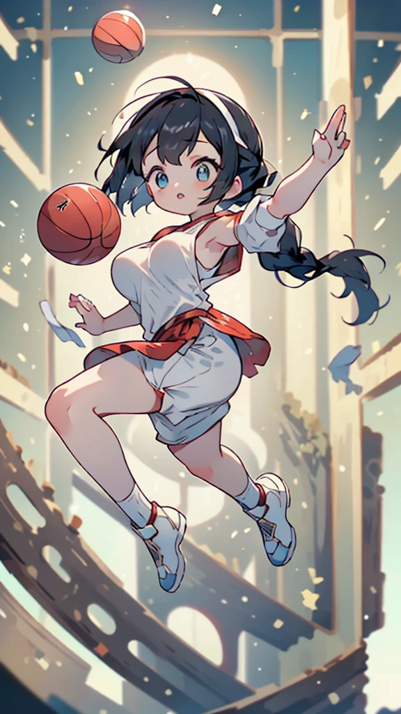 Highest quality、High resolution、Detailed Background、Beautiful Face、High detail、(Perfect Anatomy, Perfect Style)、(Detailed facial expressions)、(fine grain:1.2)、Teenage Beauty、(very wide shot:1.5, full body:1.4), One Girl、, Cute black hair、Braided Bob, Braided, clear, deep blue eyes、Braided Ponytail, Braided bob cut, Basketball game in the gym, jumping:1.5, dunking:1.5, brake, Incredible jumping ability:1.5, Suspended in the air in a shooting position:1.5, Incredible jumping power and long flight times, ((aerial view:1.5, shoot from side, looking up)), (Bright red basketball uniform:1.5, White Line、Same color above and below, No sleeve:1.5, Shorts, High-cut basketball shoes)、(armpit:1.2), ((large breasts:1.2, pointy breasts:1.2, high breasts:1.2)), Throw a basketball held above your head into the top of the goal, Dunk Shot、The goal ring is 3m above the ground.