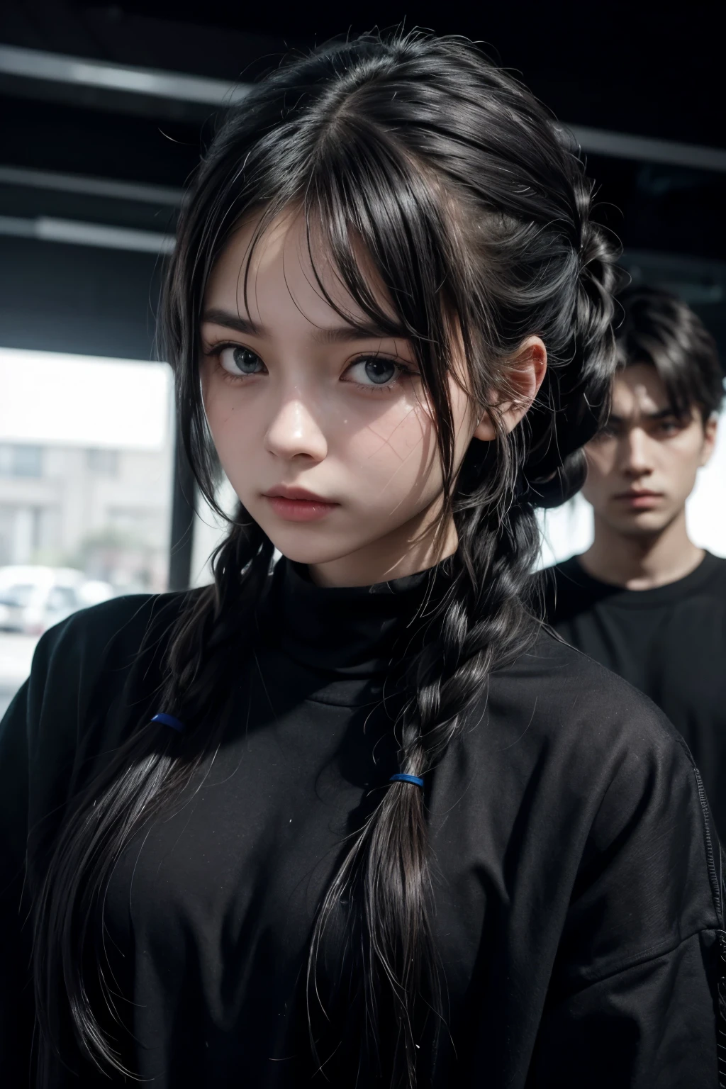 a girl with tied hair in black clothes and a man with a striking look looking at her closely, he is also wearing black clothes and in the background a more or less dark corrector