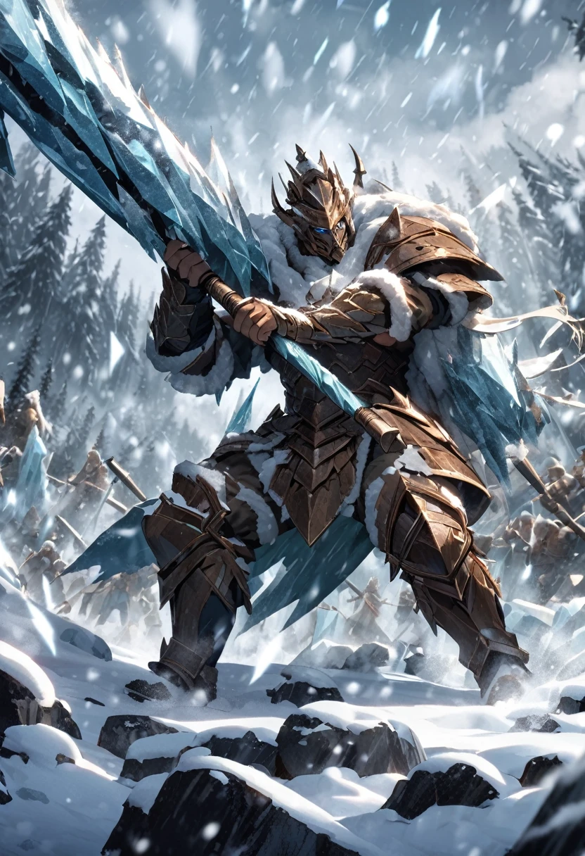 a extremely detailed warrior in wood like armor wielding a massive hammer covered in snow and ice that needs both hands, surrounded by a blizzard