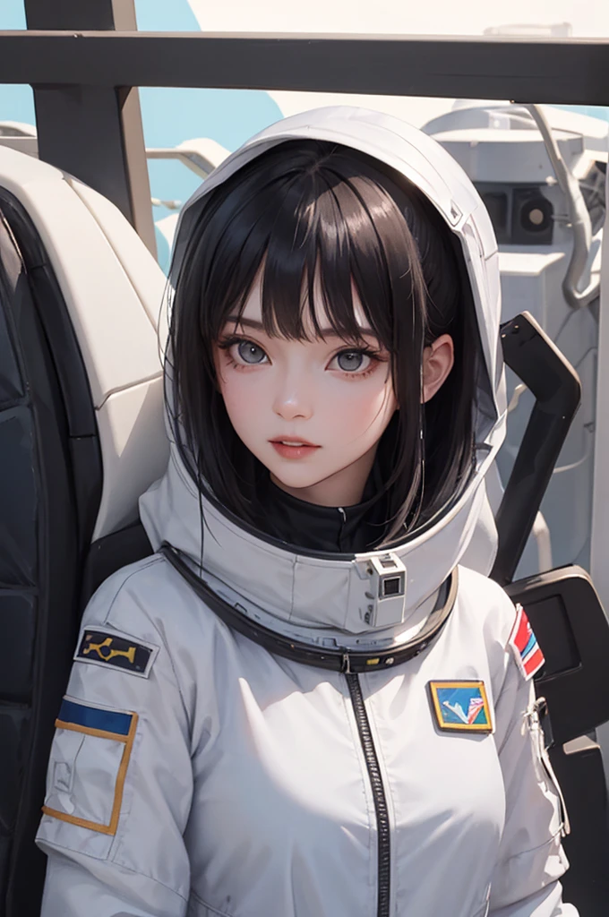 Masterpiece, of the highest quality, ultra detailed, conceptual, Masterpiece, professional photography, beautiful girl, Sexy outfit, black hair, astronaut suit, latex suit, colorful hair, exterior ,whole body, happiness, seriousness, look straight ahead, frontal photograph, same level