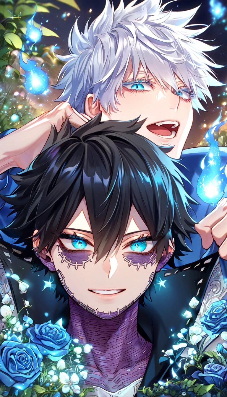 (absurdres, highres, ultra detailed, HDR) master piece, best quality, extremely detailed face, delicated features, Dabi, black hair, expressive turquoise eyes, Boku No Hero Academia, Gojou Satoru, white hair, expressive blue eyes, white eyelashes, two sexy men together, yaoi, gay couple, handsome, smile, black coat, blue coat with fur, magical fantasy, glittering, sparkling, blue roses, radiant, blue sparkling fireflies, blue fire, envy magical, fantasy, garden