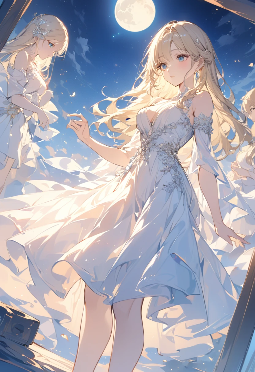 masterpiece, (Highest quality:1.2), (Super detailed:1.2), figure, (Very delicate and beautiful:1.2),Movie angle,floating, (Beautiful attention to detail:1.1), (Detailed light:1.1),Cinema Lighting, Beautifully detailed skies, woman,euphilia, One Girl,Anime girl with long blonde hair and dark turquoise eyes in a white dress (moon:1.2), (moonlight:1.1), Starry Sky, (Lighting particles:1.1), fog, Snow Painting, sketch, bloom