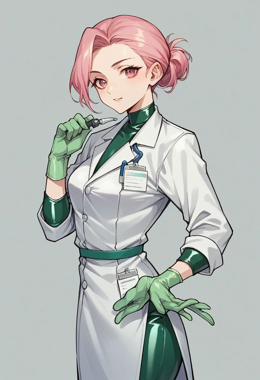 1girl, ((green gloves)), ((surgical gloves)), ((latex gloves)), ((long sleeves)) ((pink surgeon outfit)), looking at viewer, ((doctor)), standing, solo