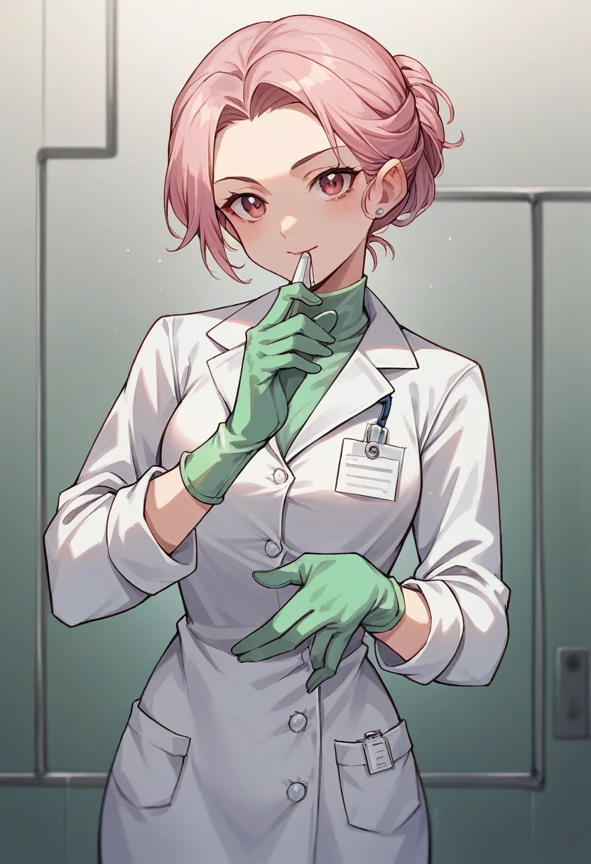 1girl, ((green gloves)), ((surgical gloves)), ((latex gloves)), ((long sleeves)) ((pink surgeon outfit)), looking at viewer, ((doctor)), standing, solo