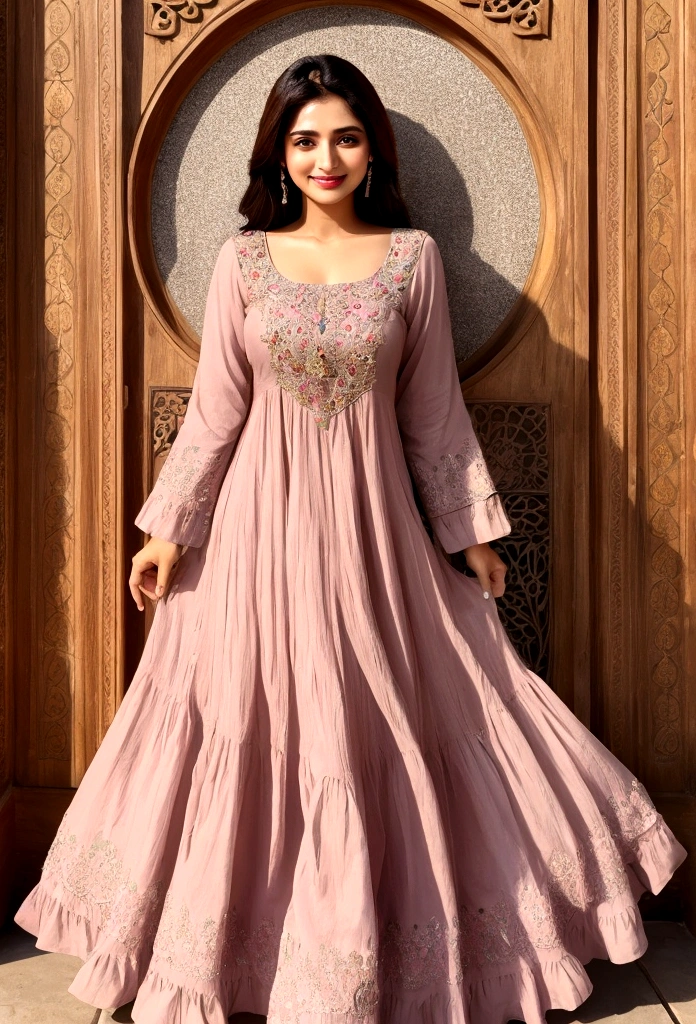 Janat Mirza is、Wearing a dress with a large opening that shows off her bodyline、Smile、whole body