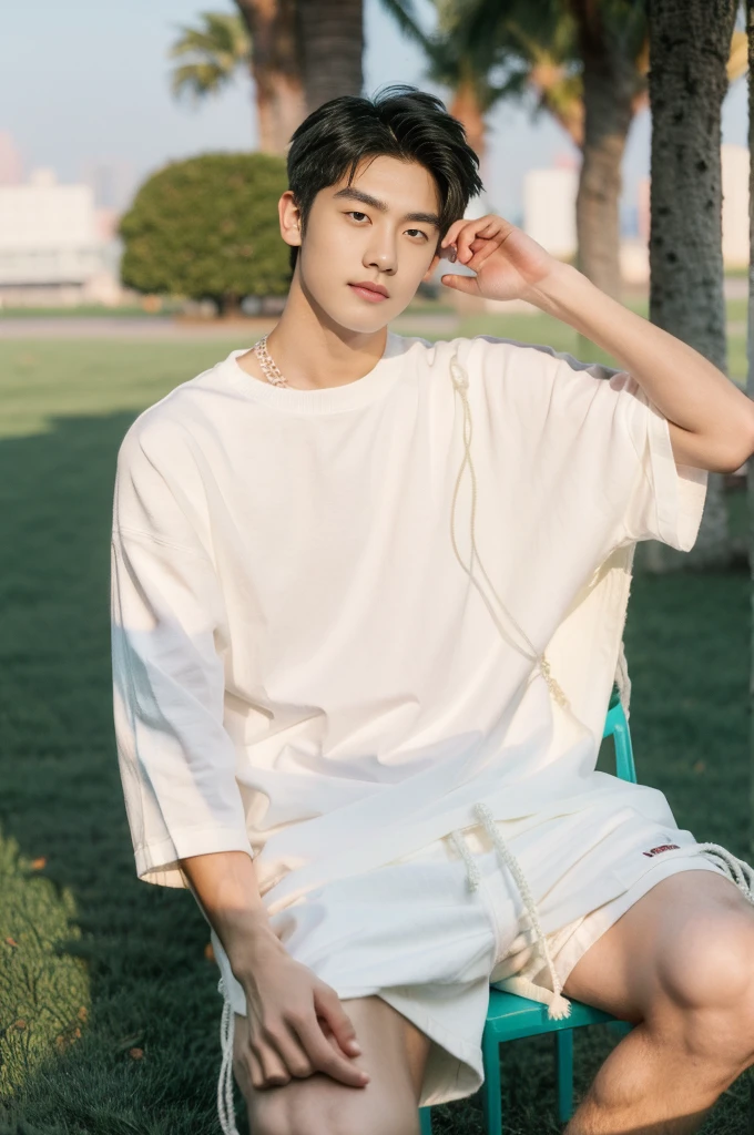 Asian muscular boy sitting on grass, white shirt, wearing white thong high cut underwaer, white high cut Jockstrap, muscular young male, mid shot portrait, high quality portrait, Attractive pose, cute young man, gorgeous young model, portrait a 25 - year - old boy, casual photography, Realistic. Cheng Yi, cute young man, ((wearing micro string thong))