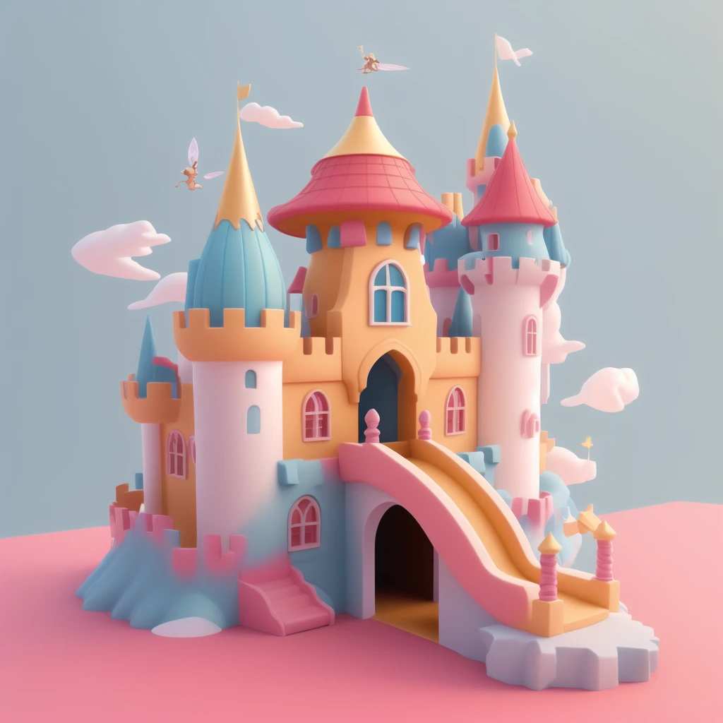 a closeup of a castle with a slide and a castle, beautiful representation of a fairy tale, beautiful 3d render, fantasy castle, Stylized 3D render, magical castle, flying cloud castle, dark pastel castle background, Stylized 3D rendering, fairy tale artwork, 3d stylized, stylized as a 3d render, 3d magic details