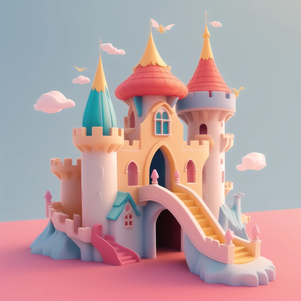 a closeup of a castle with a slide and a castle, beautiful representation of a fairy tale, beautiful 3d render, fantasy castle, Stylized 3D render, magical castle, flying cloud castle, dark pastel castle background, Stylized 3D rendering, fairy tale artwork, 3d stylized, stylized as a 3d render, 3d magic details