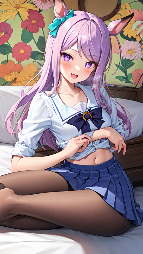 {{{NSFW}}},(masterpiece:1.2),(ultra quality:1.2),(ultra detailed:1.2),(ultra-high resolution:1.2),(very fine 8K CG wallpaper:1.2),Mejiro McQueen \(umamusume\),{1 girl,beautiful girl,cute,smile,kawaii, lovely,blushing,playful expression},sharp focus,oily skin,beautiful detailed hair,glossy hair,(wear school uniform:1.5),(lying on the bed:1.2),wear long school skirt,perfect two legs,(spread two legs:1.2),(show-off-white-panties:1.3),five fingers,large breaths,wear black pantyhose,beautiful detailed eyes,jewel like eyes,violet eyes, (two hands behind head:1.1),open mouth,armpits, solo,beautiful navel,  looking at viewer,collarbone,earring