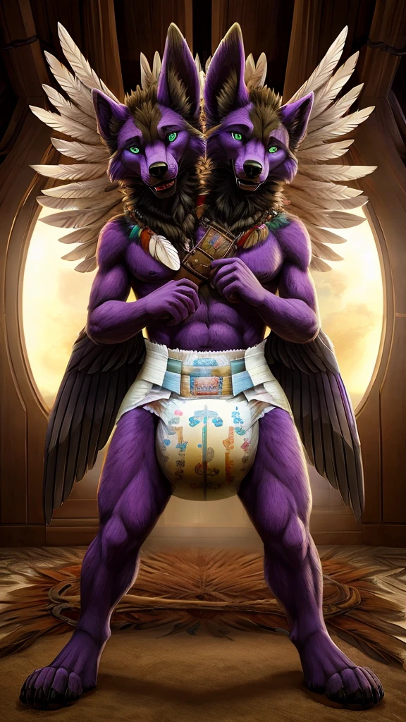 (masterpiece:1.4), (best quality:1.4), conjoined_dicephalus, two heads, diaper, mammal, canine, feathers, corruption, mutation, tribal