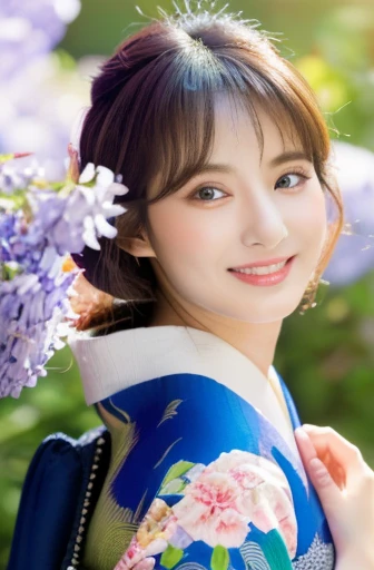 (Light makeup)、(top-quality,​masterpiece:1.3,超A high resolution,),(Ultra-detail,Caustics),(Photorealsitic:1.4,RAW shooting,)Ultra-realistic capture,（32ｋ,high detal,high-detail、​masterpiece,Attention to detail,full body Esbian,solo,Lori：1.6),Raw photo & realistic atmosphere,beautiful dark blue eyes,Detailed mouth,Glossy lips,Detailed eyebrows,Eyes drawn in detail with soft white skin that shines with every detail)、、 (Skin texture is natural、、The skin looks healthy with an even tone、 Use natural light and color, japanese, A dark-haired, long hair,(depth of fields、realisitic、8K UHD、hight resolution、(1girl in:1.2)、The ultra-detailliert、High quality textures、very detailed CG、High quality shadows, A dark-haired、Kyo-Yuzen、blue Kimono、park background , (Super cute face in idol style:1.4)、slim and beautiful figure、A smile、full body Esbian:1.2, Japanese woman in kimono, 25 years old, Wisteria flower background, standing under hydrangeas flower, cold lighting, night time, night light, big smile, kimono