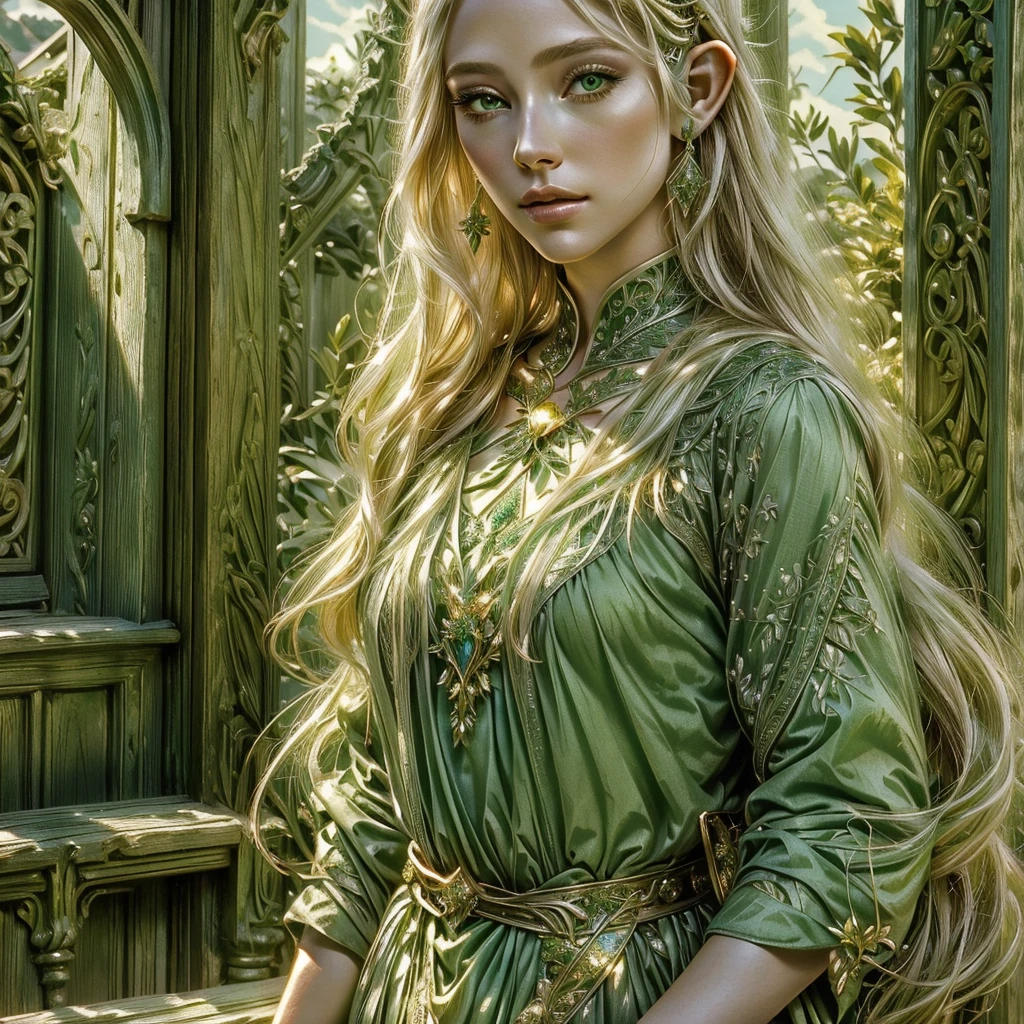 a close-up of a woman in a green dress near a wooden door, very beautiful elven top model, beautiful elven princess, Elven Princess, blonde elven empress, as a medieval fantasy character, magali villeneuve', Karol behind uhd, blonde haired princess, elf princess, medieval princess, inspirado em magali villeneuve