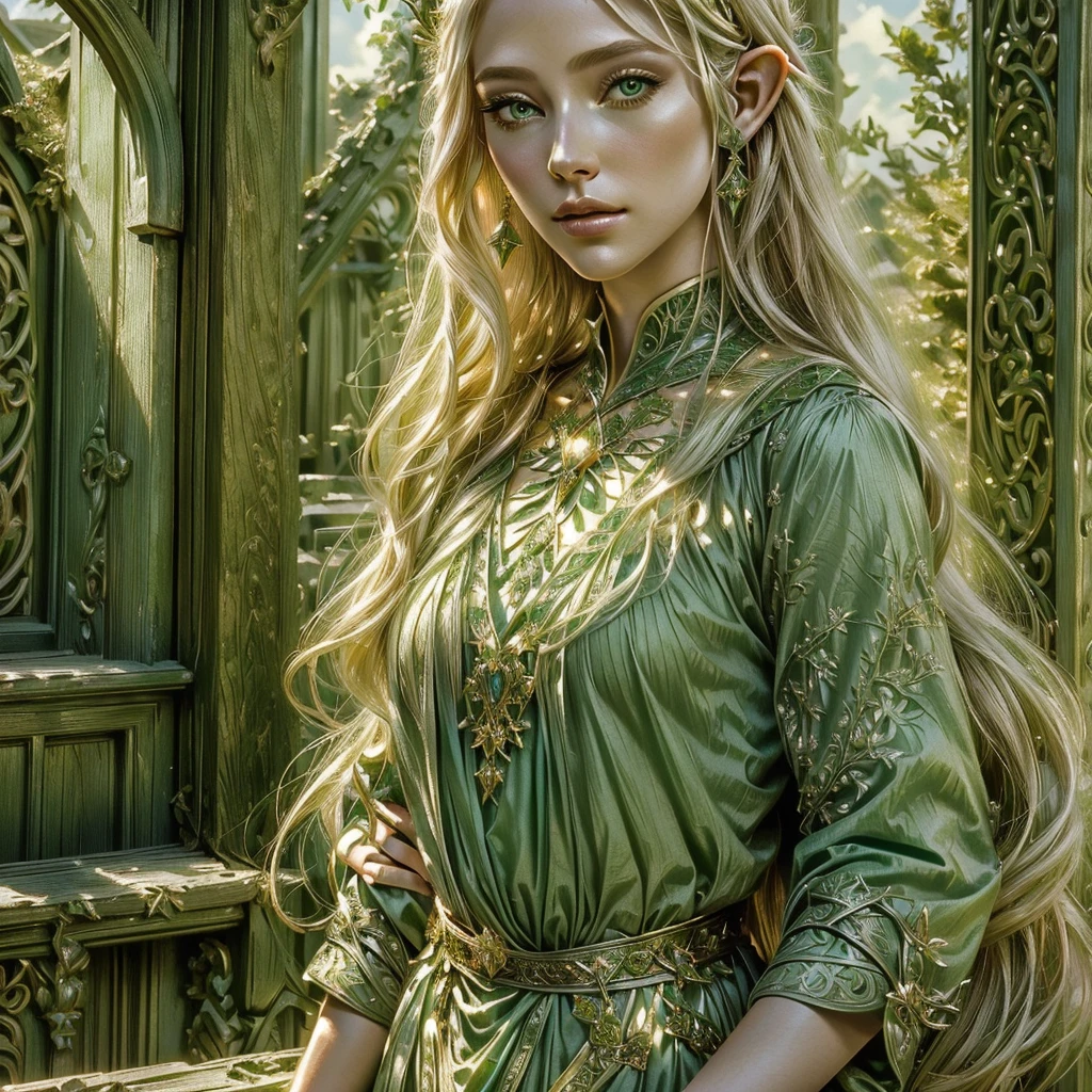 a close-up of a woman in a green dress near a wooden door, very beautiful elven top model, beautiful elven princess, Elven Princess, blonde elven empress, as a medieval fantasy character, magali villeneuve&#39;, Karol behind uhd, blonde haired princess, elf princess, medieval princess, inspirado em magali villeneuve