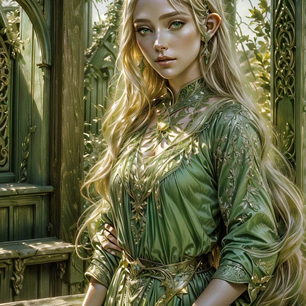 a close-up of a woman in a green dress near a wooden door, very beautiful elven top model, beautiful elven princess, Elven Princess, blonde elven empress, as a medieval fantasy character, magali villeneuve', Karol behind uhd, blonde haired princess, elf princess, medieval princess, inspirado em magali villeneuve