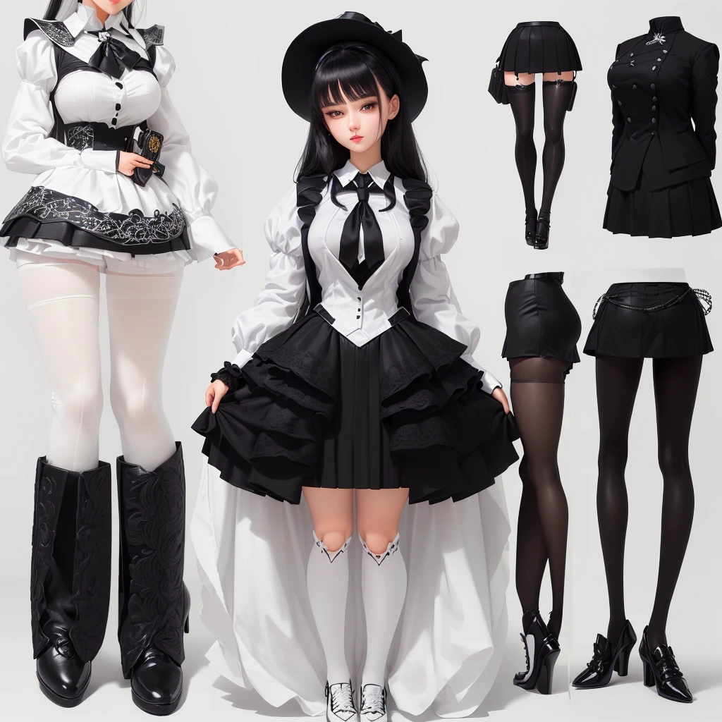 arafed image of a woman in a black dress and white shirt and black skirt, in clothes! highly detailed, very detailed and rich clothing, ball jointed doll, highly detailed full body, detailed clothes, magic , outfit: cop, magical school student uniform, !!full body portrait!!, witchcore clothes, black and white clothes