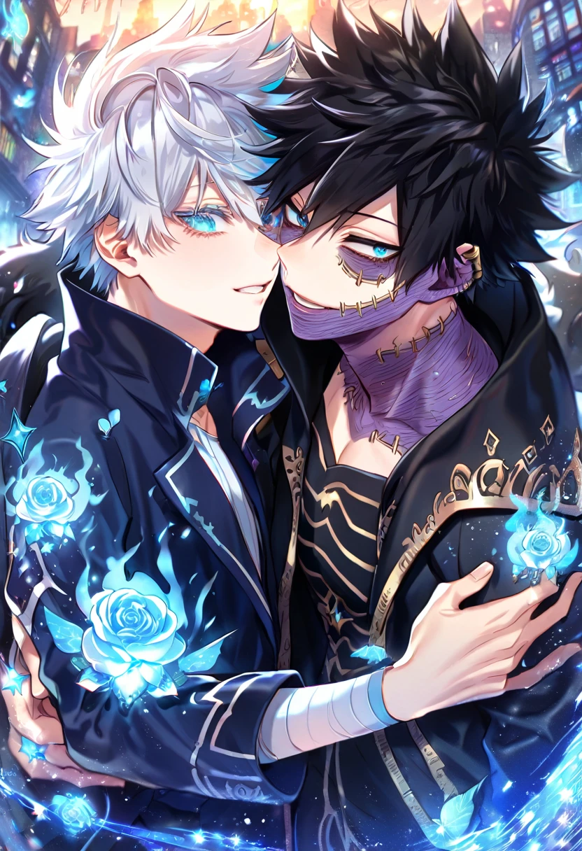 (absurdres, highres, ultra detailed, HDR) master piece, best quality, extremely detailed face, delicated features, Dabi, black hair, expressive turquoise eyes, Boku No Hero Academia, Gojou Satoru, white hair, expressive blue eyes, white eyelashes, two sexy men together, yaoi, gay couple, handsome, smile, black coat, blue coat with fur, magical fantasy, glittering, sparkling, blue roses, radiant, blue sparkling fireflies, blue fire, envy magical, city