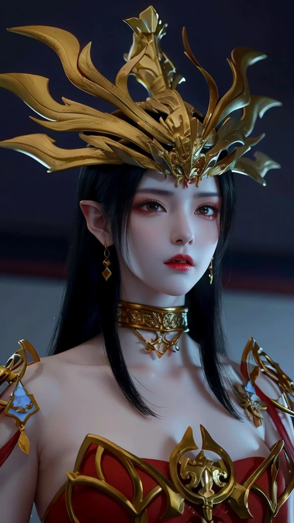 Close-up of a woman in a red dress and gold jewelry,Royal Sister,Superb beauty,a queen,Beautiful and elegant queen, portrait of a queen, Xianxia, a beautiful fantasy empress, xianxia fantasy, Beautiful young wind spirit, inspired by Li Mei-shu, ((a beautiful fantasy empress)), xianxia hero, 3 d anime realistic, full-body xianxia, Smooth anime CG art