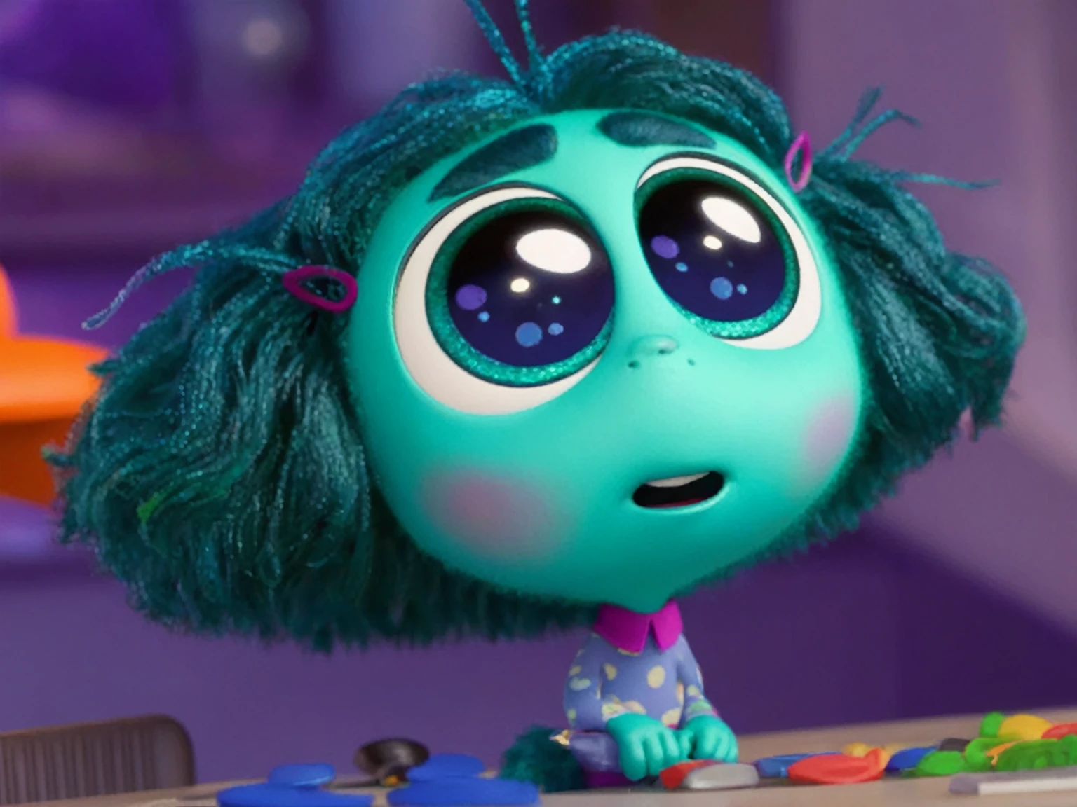 a close-up of a cartoon character with blue hair and green eyes, still from the movie alien girl, cute pixar character, pixar coronavirus movie, cute pixar character design, frame from pixar movie, pixar movie screenshot, still from the pixar movie, depicted como um personagem da Pixar, pixar doll deep focus, Still from a Pixar film, as a character from Pixar Consumption