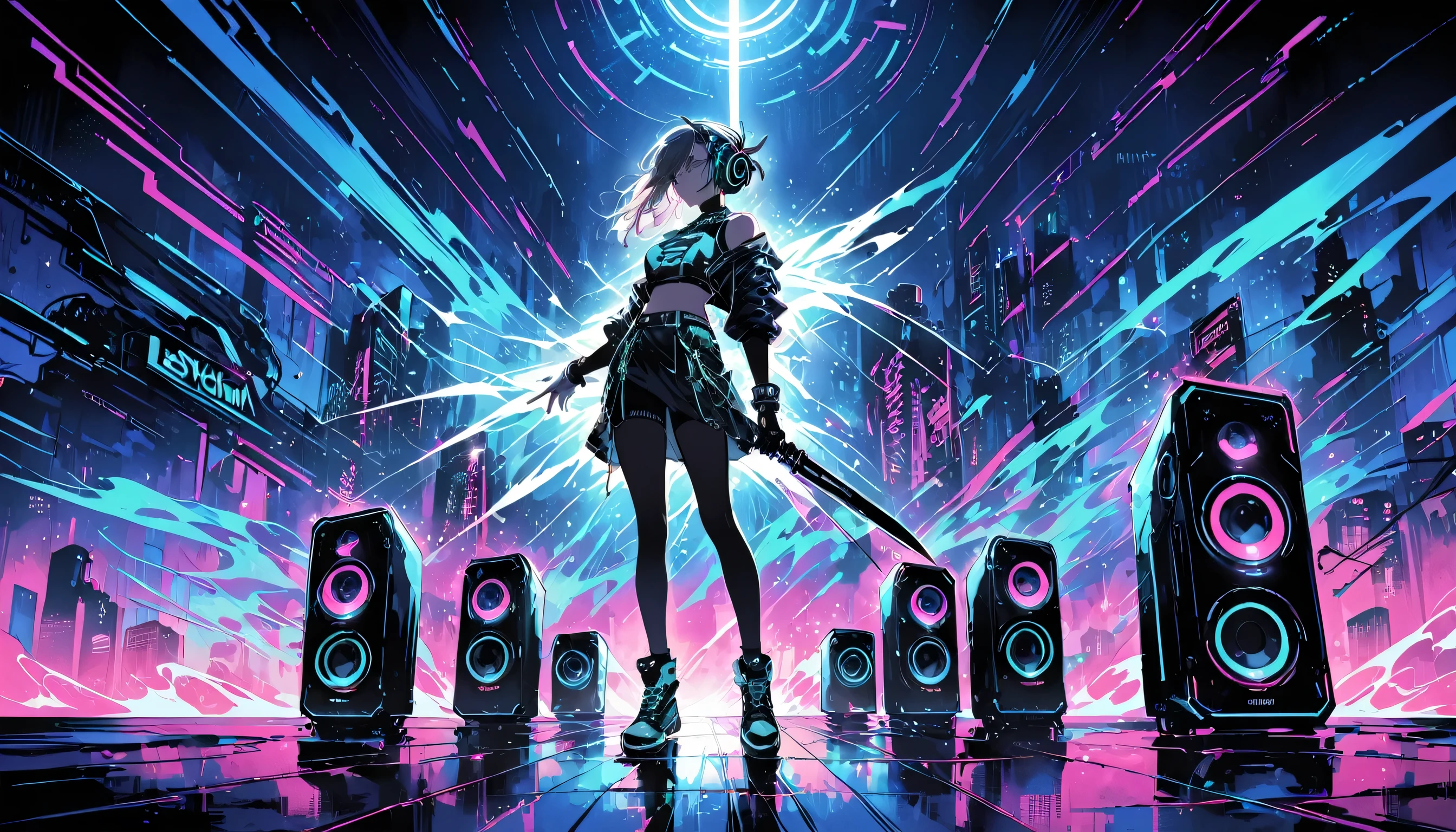 DemiHawks, Urban sprawl, Woman, urban dance clothing, dj with speaker,dramatic lighting, hight contrast, silhuette, poster-worthy, Street fashion, graffit, neon lig, ombre, dystopia, cyber punk, futurist, Science fiction, Tron, Blade runner, Elysium, Western World, black neon, dance, flowy, dynamic, energy, motion, forma, Performace.