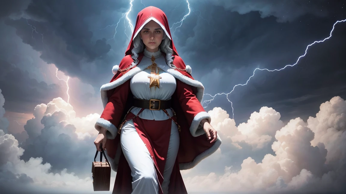 santa, Maria Mother of God, dressed in Jewish clothes, walking among the clouds, surrounded by wind and lightning strike, lightning strike, heavenly weather, divine vision, Magnificent splendor, strong and engaging colors, Determined gaze.