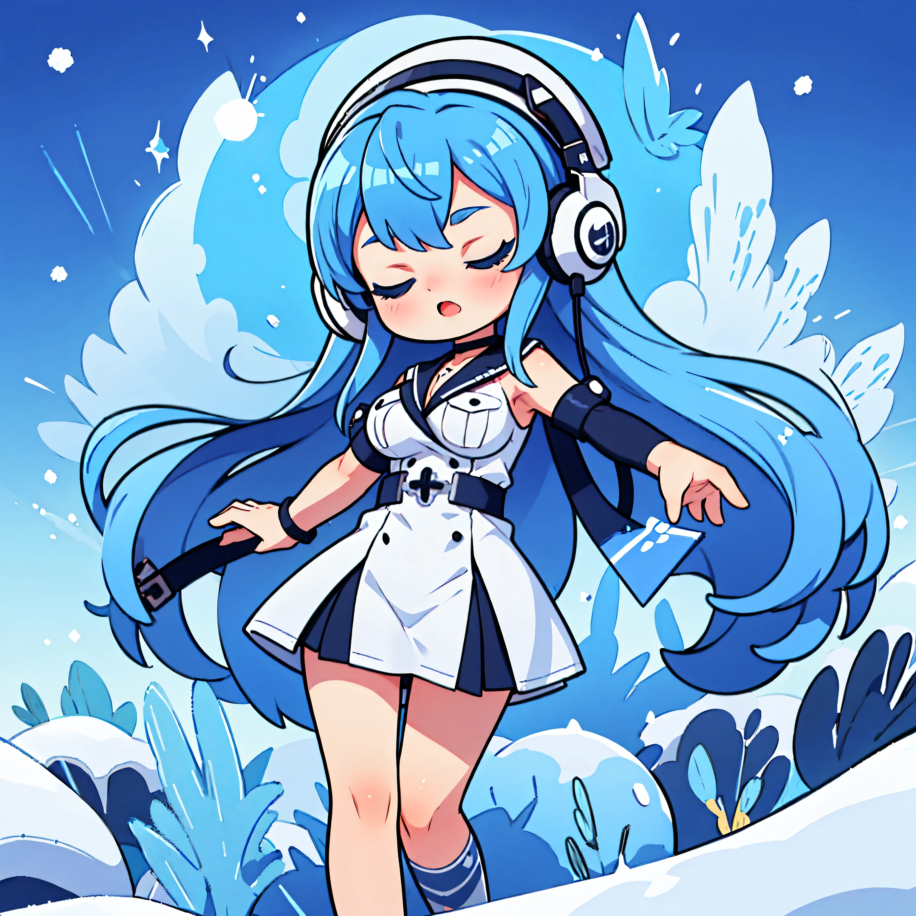 (artwork, best quality) a girl with long blue hair, closed eyes, blue eyelashes, white sailor suit, big breasts, perfect body, beautiful eyes, good waist, tattoo, screaming with joy, arms and legs open, listening to music with a headset, lying in the snow